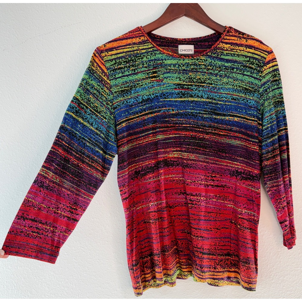 Vintage 90s Y2K Chico's Rainbow Artsy Striped Top Multi Color Indie Festival L
